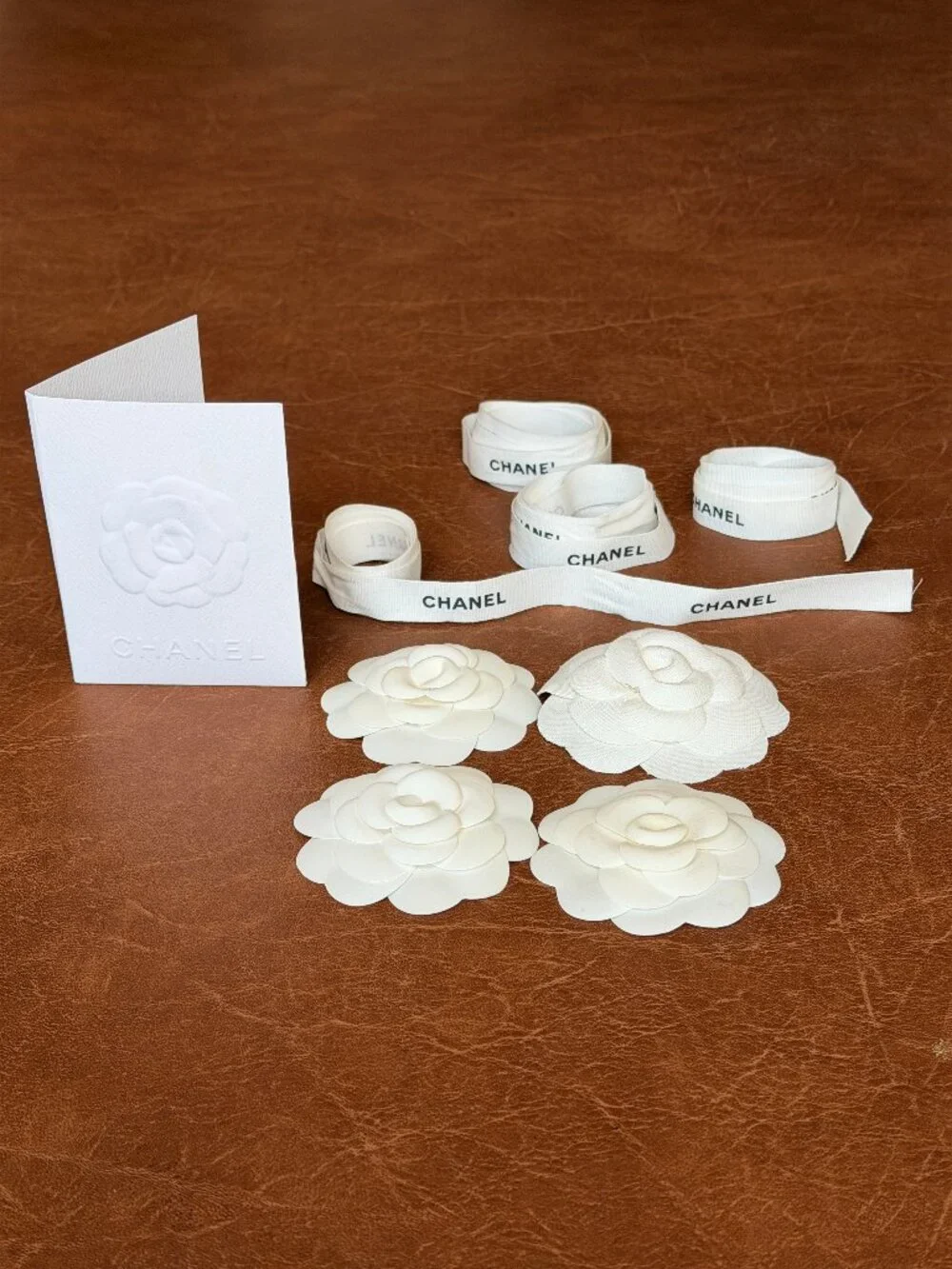 Authentic Chanel Ribbons, Camellia Flowers & Envelope